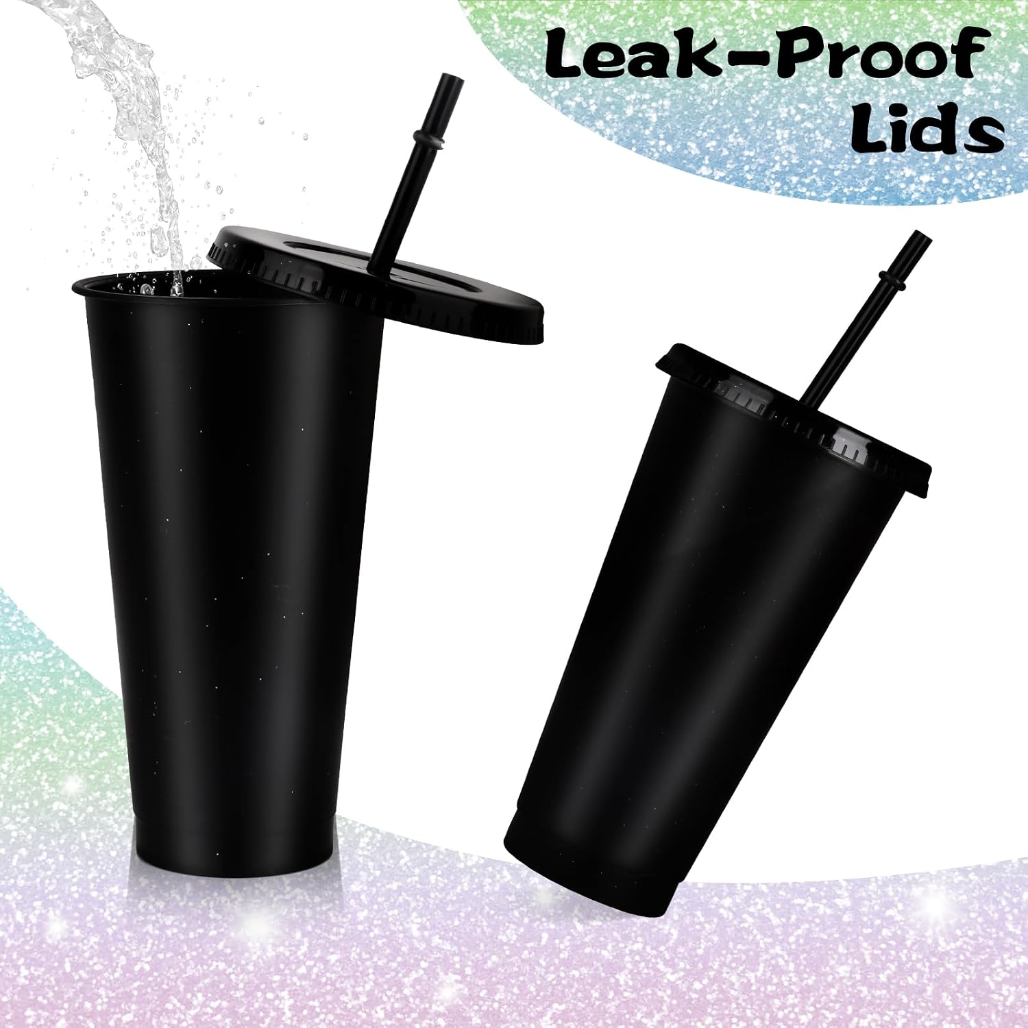 7 Sets Reusable Cups with Lids and Straws 24 oz Plastic Tumblers Black Party Favor Cups Water Bottle Iced Coffee