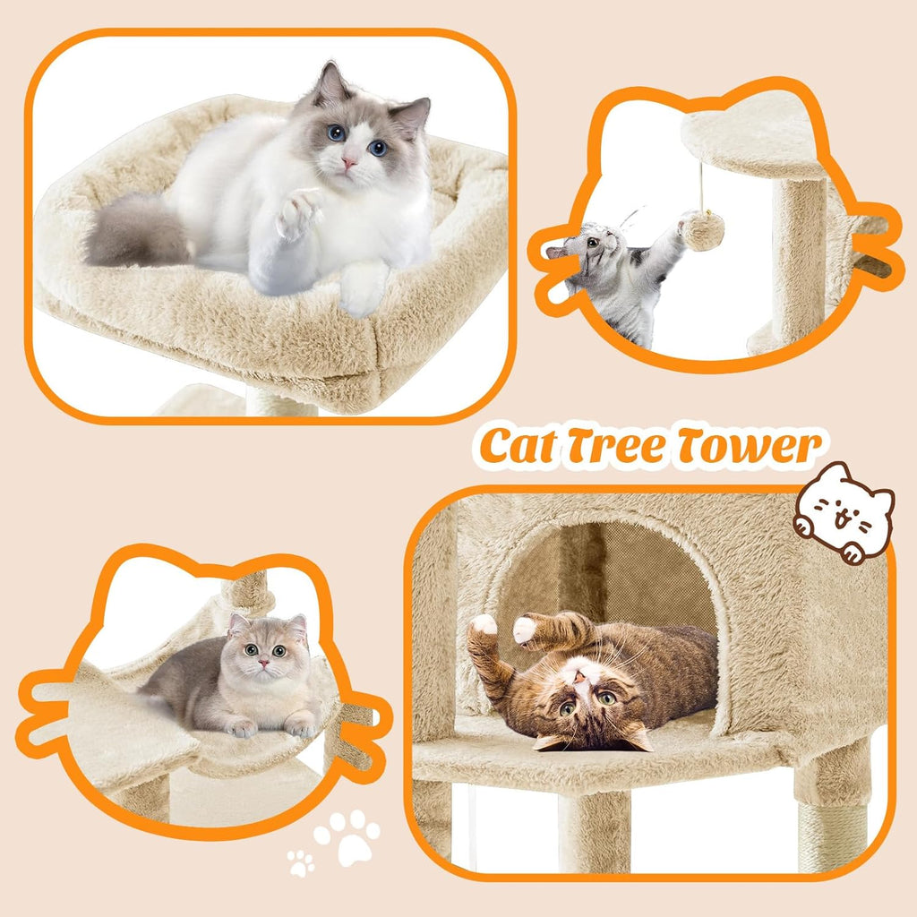 44 Inch Cat Tree Tower, Cat Climbing Tower with Natural Sisal Scratching Posts, Hammock, Pet Condo for Indoor Cats