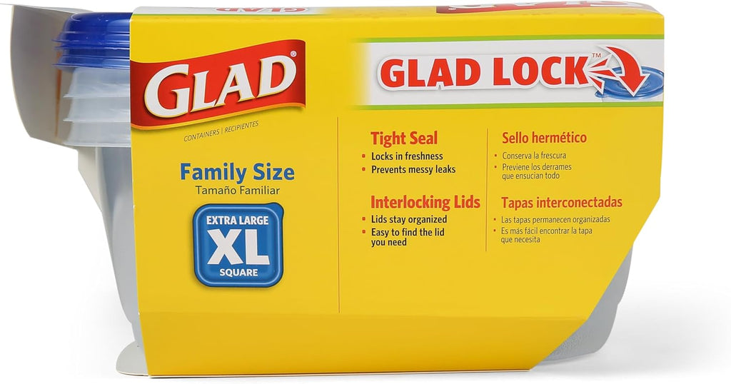 GladWare XL Square Food Storage Containers with Lock Tight Lids, BPA-Free Family Size Plastic Containers for