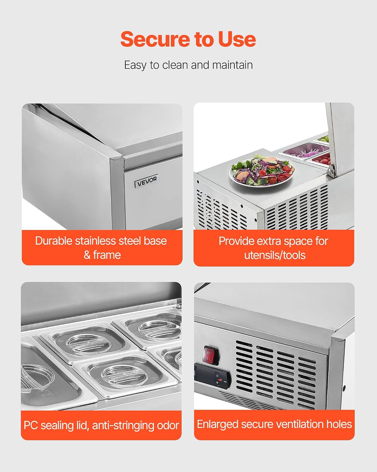 Refrigerated Condiment Prep Station, 120 W Countertop Refrigerated Condiment Station, with One 1/3 Pan & Four 1/6
