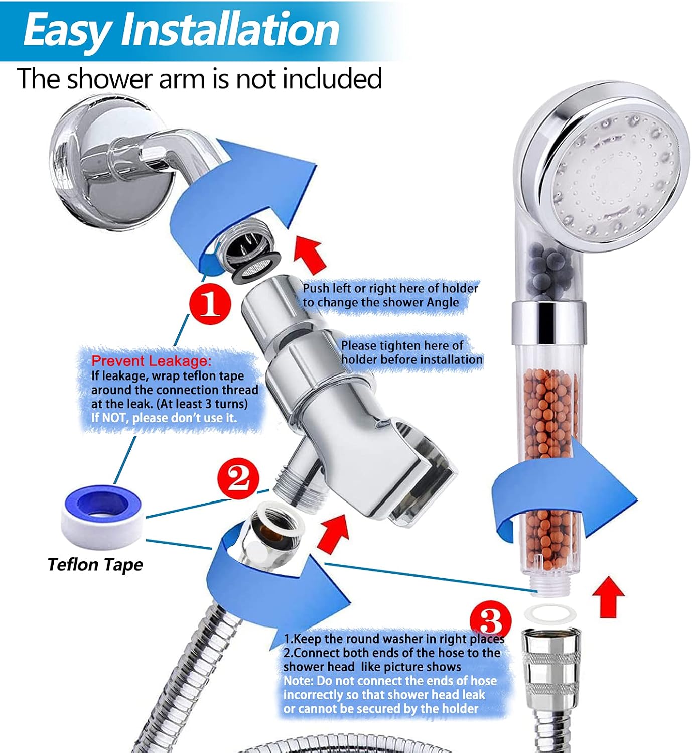 LED Shower Head with Handheld, High Pressure Shower Head with Hose, Holder & PTFE Tape etc, 3 Water