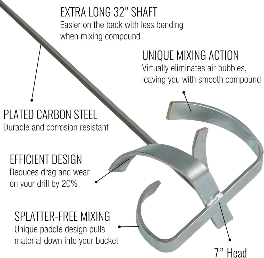 Drywall Mud Mixer - LEVEL5 | 32" Shaft 5" Head | Pro-Grade | Extra Long Drill Attachment Paddle | 5-291