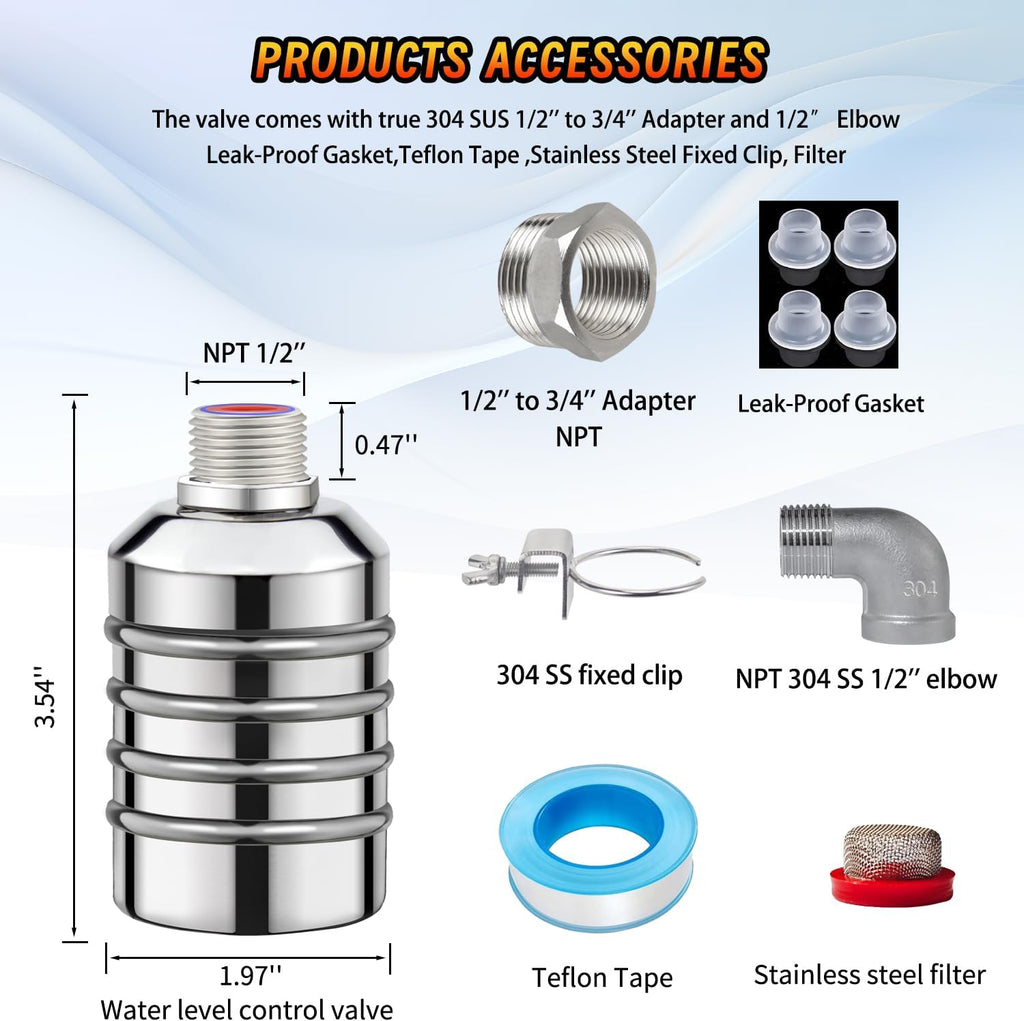 Leak-Proof NPT 1/2" Water Float Valve,1/2" to 3/4" 304 Stainless Steel Fully Automatic Water Level Control Float