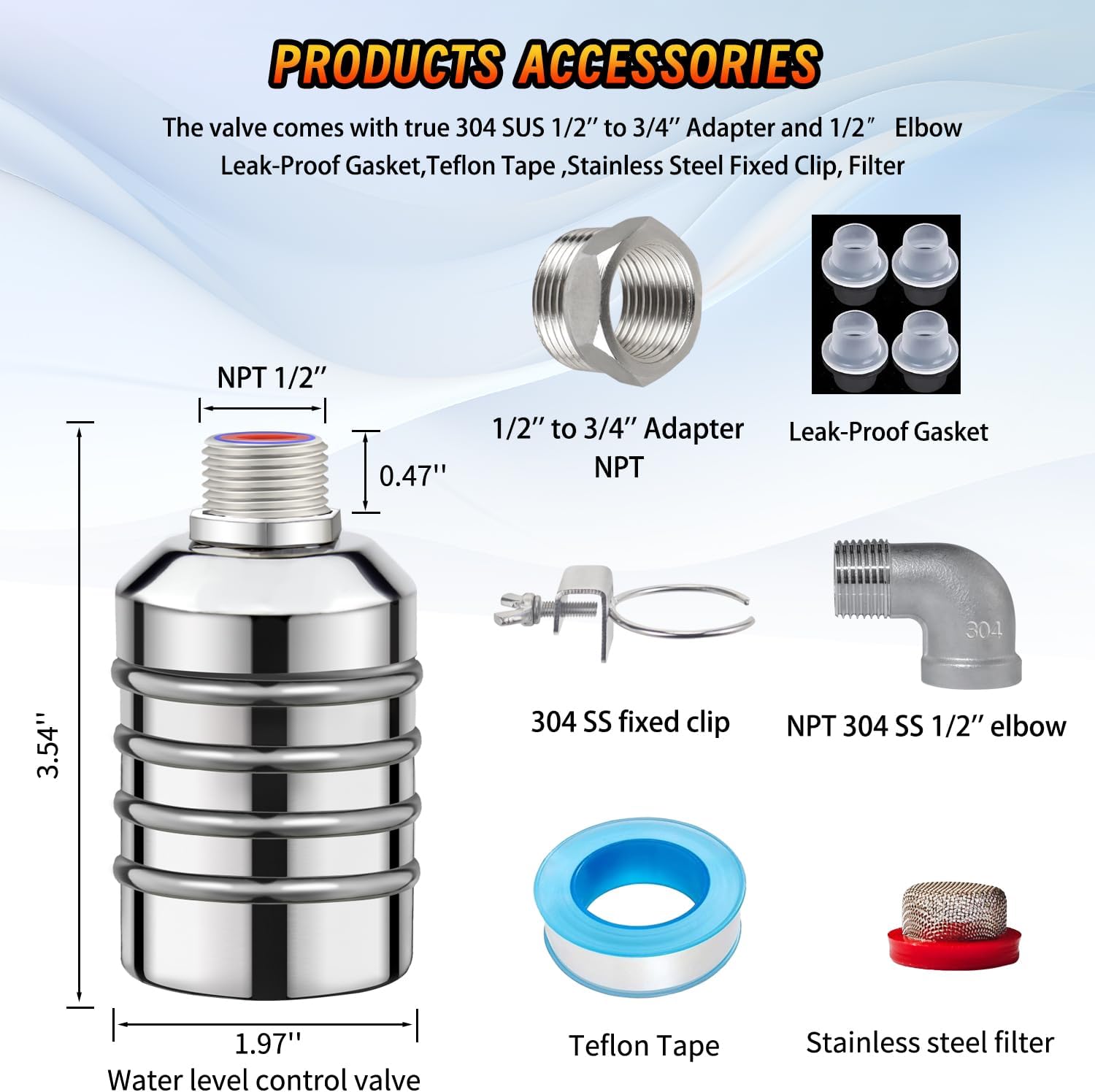 Leak-Proof NPT 1/2" Water Float Valve,1/2" to 3/4" 304 Stainless Steel Fully Automatic Water Level Control Float