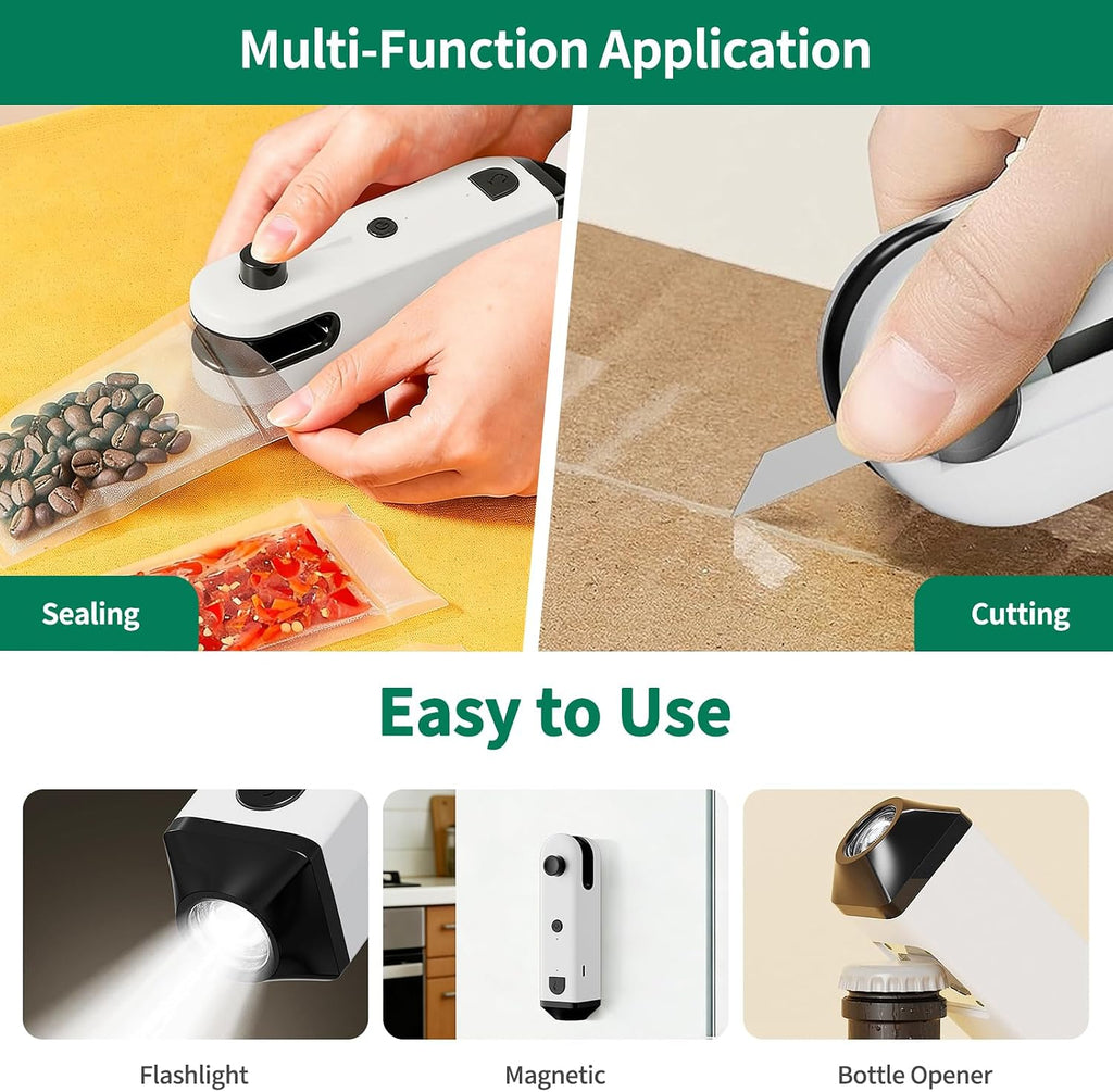 Mini Bag Sealer with Cutter and Magnet – 5-in-1 Rechargeable Handheld Heat Sealer with Bottle Opener, LED Flashlight