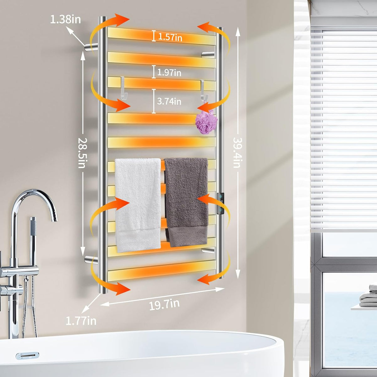 Heated Towel Rack, Towel Warmer with 10 Bar Flat Rack Large, Brushed Nickel | Wall Mounted, Smart LED Control Time &
