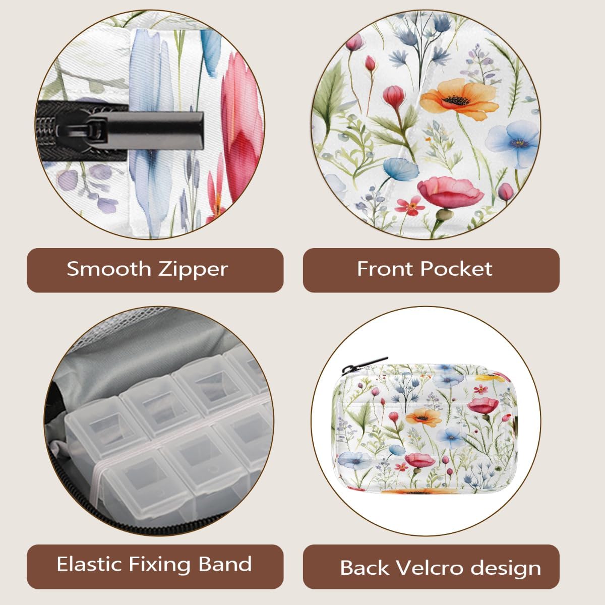 Colorful Wildflower Floral Pattern Pill Organizer Travel Medicine Case with Zipper Daily Vitamin Storage Bag Portable