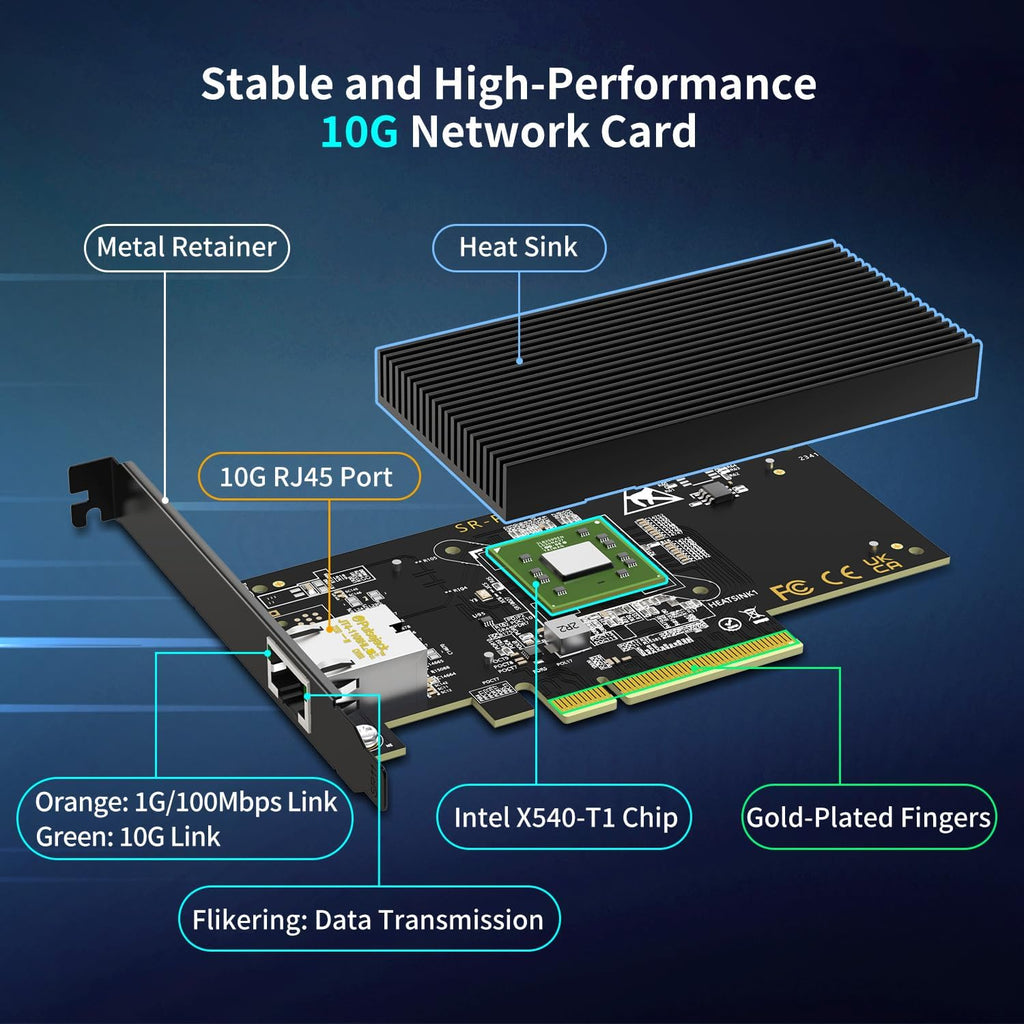 10Gb Base-T PCI-e Network Card, Intel X540-T1 Controller, NICGIGA 10Gbps Ethernet Adapter with 10Gbe RJ45 Port ， 10G NIC Card, Support Windows/Windows Server/Linux/Vmware/ESX