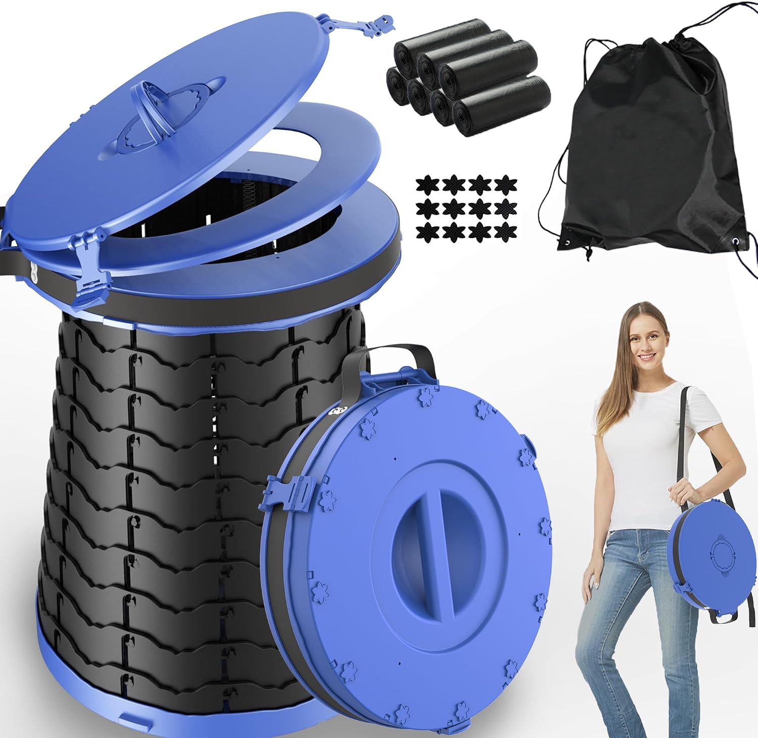XXL Portable Toilet for Camping,880lbs Capacity,19.7" H Adjustable Outdoor Toilet with 7 Garbage Bags,Porta Potty for