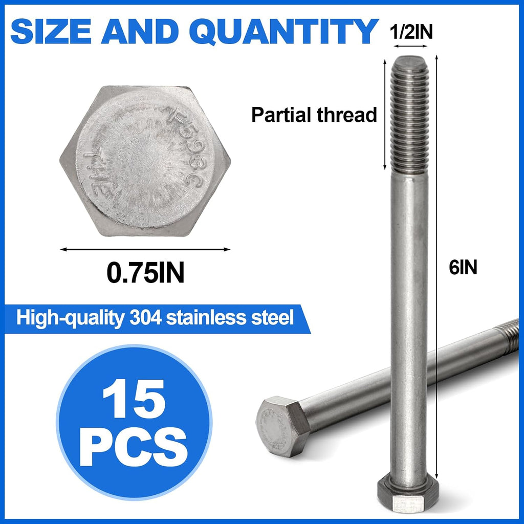 15 Pack 1/2-13 x 6'' Hex Head Cap Screw Bolt 304 Stainless Steel