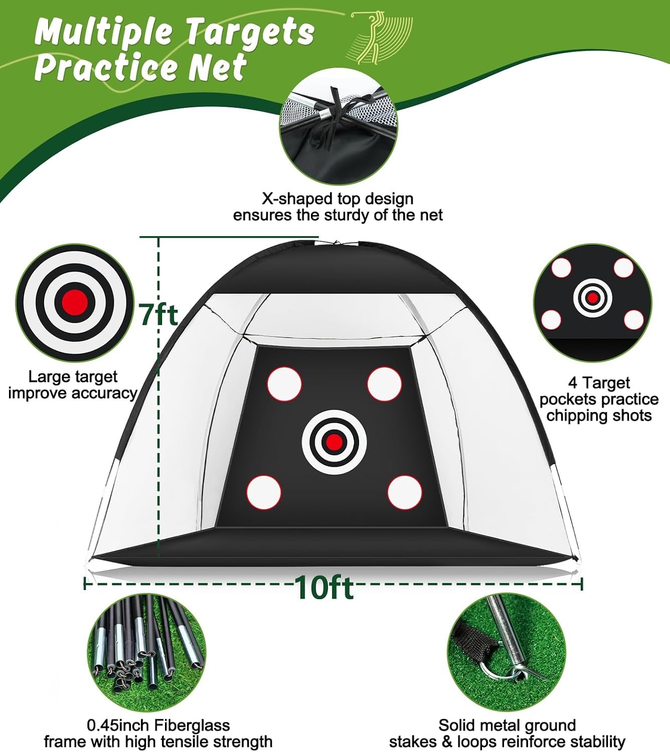 Golf Net: 10x7ft Golf Practice Net for Backyard Chipping Driving with Dual-Turf Golf Hitting Mat, All-in-1 Outdoor