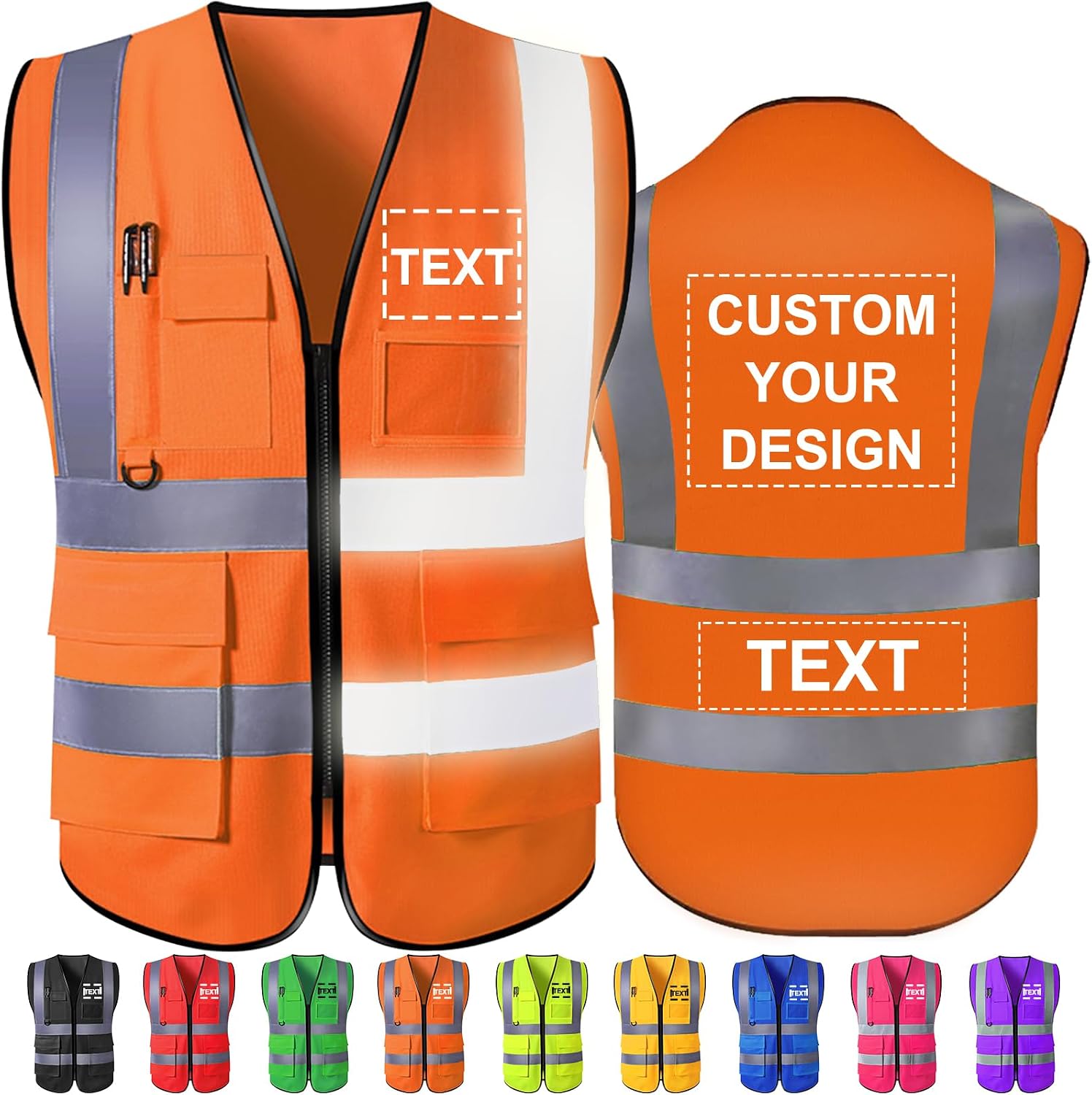 Custom Safety Vest High Visibility Reflective Vests with Pockets Zipper Customize Logo Class 2 for Men Construction
