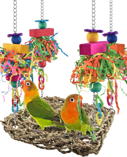 Bird Toys, Grass Swing Hammock Climbing Toy for Parrot Parakeet | Natural Grass with Colorful Chew Toys, Climbing and
