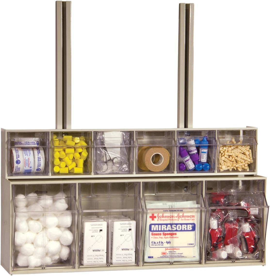TiltView Plastic Storage Cabinet with 4 Tilt Out Bins, Horizontal Plastic Parts Organizer, Teacher Toolbox, and