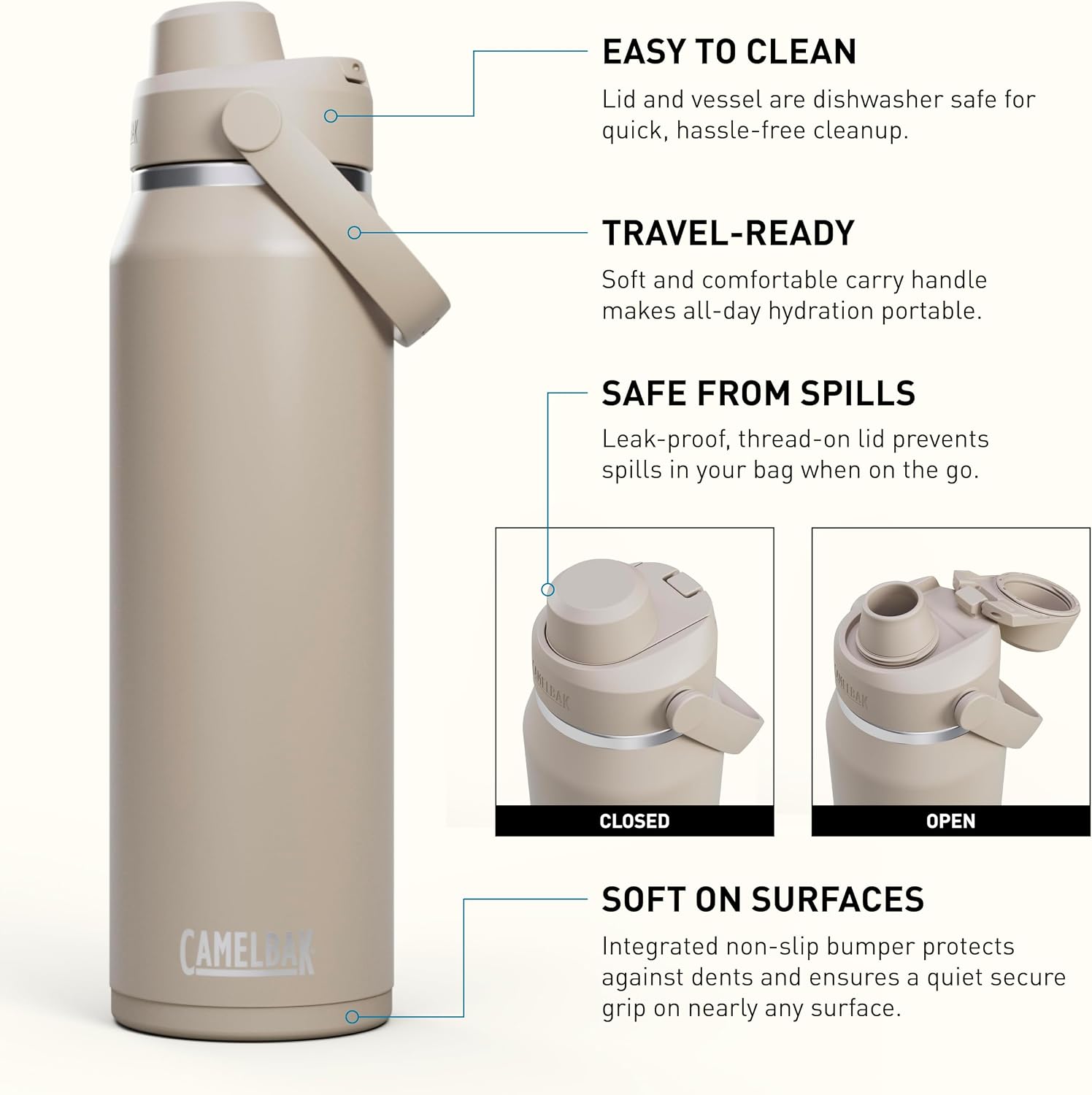 Thrive Chug Insulated Stainless Steel Water Bottle, Cold Retention with High Flow Lid for Everyday Hydration and
