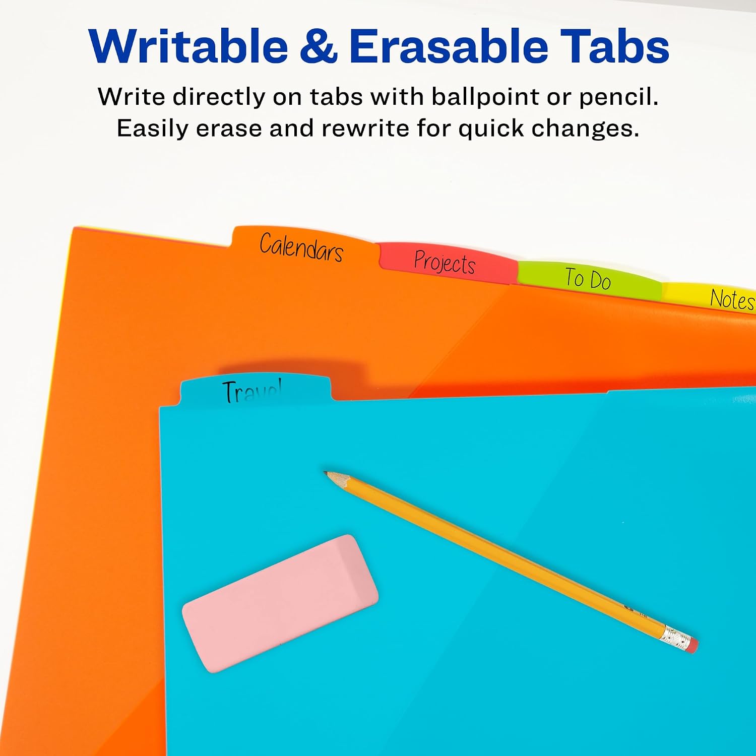 Durable Plastic 8 Tab Write & Erase Dividers with Pockets for 3 Ring Binders, Multi Brights, Works with Sheet