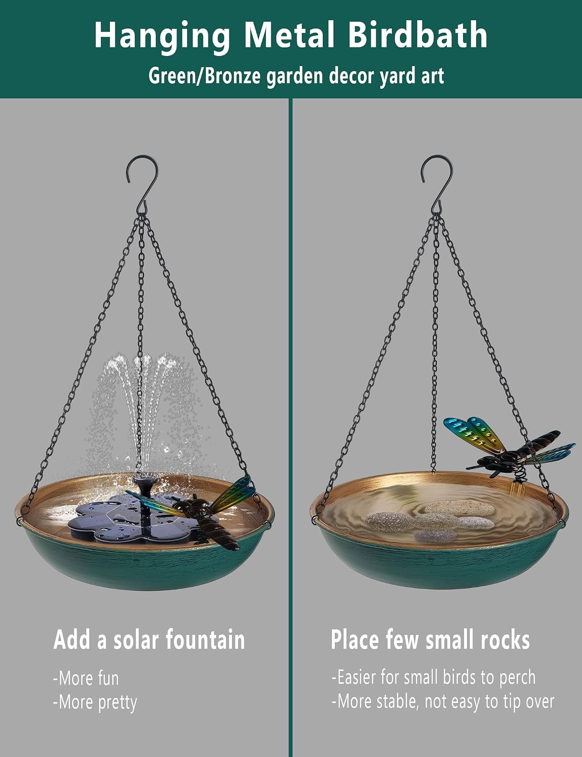 Hanging Bird Bath & Feeder Outdoor, 11 in Green/Bronze Metal Birdbath Bowl