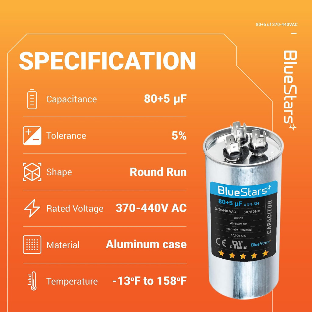 BlueStars 80+5 uF MFD 370 Or 440V Dual Run Capacitor TP-CAP-80/5/440R