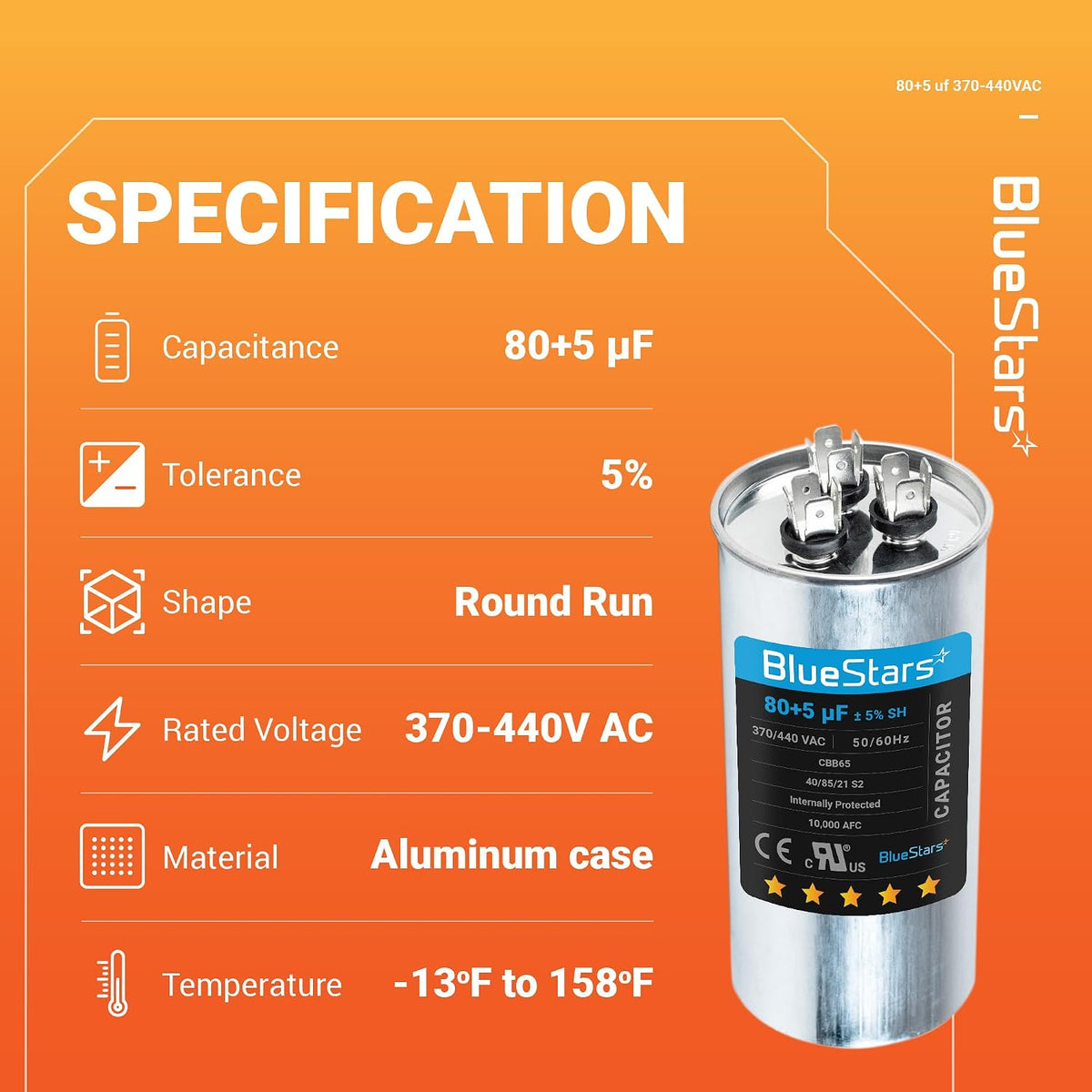 BlueStars 80+5 uF MFD 370 Or 440V Dual Run Capacitor TP-CAP-80/5/440R