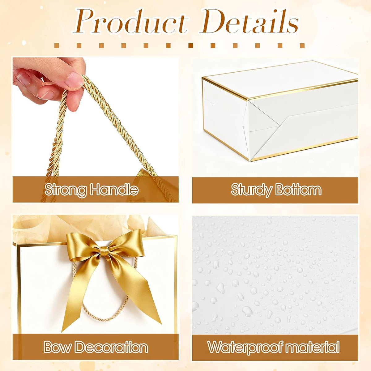 10 Set White and Gold Gift Bags Assorted Sizes with Tissue Paper