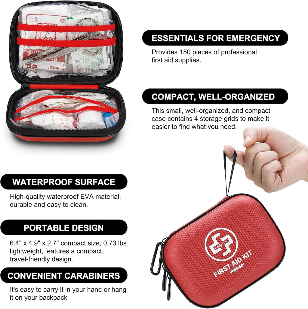 Mini First Aid Kit - 150 Piece Small Waterproof Hard Shell Medical Kit for Home, Car, Travel, Camping, Truck, Hiking