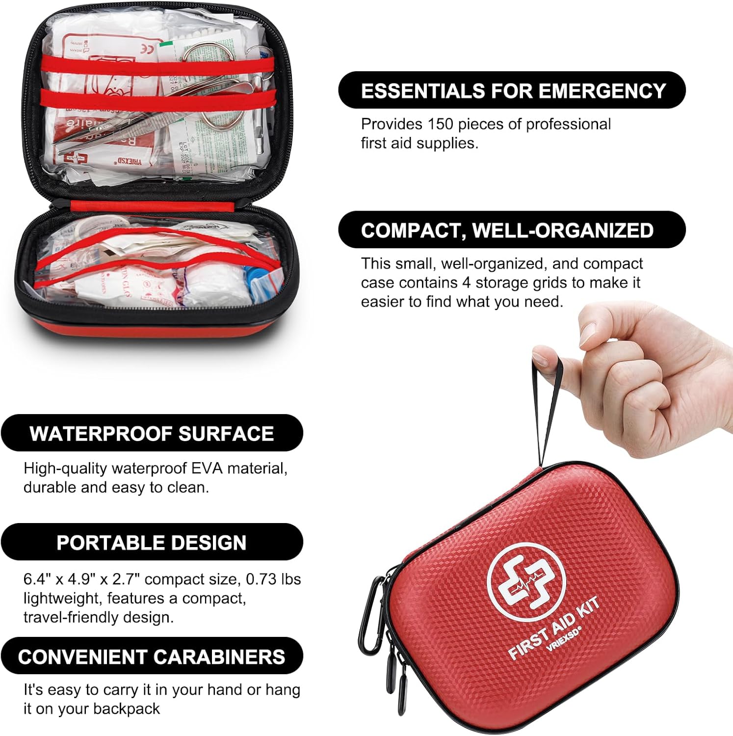 Mini First Aid Kit - 150 Piece Small Waterproof Hard Shell Medical Kit for Home, Car, Travel, Camping, Truck, Hiking