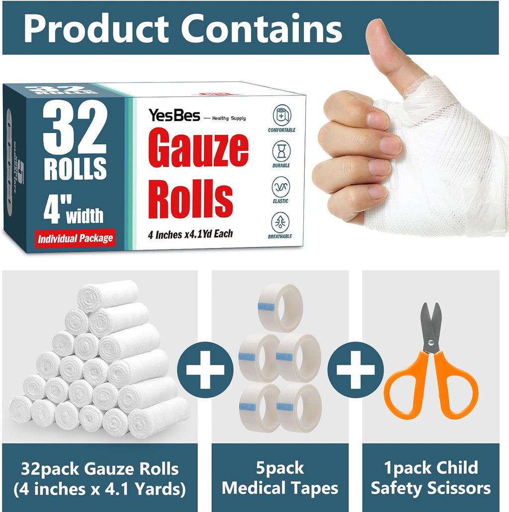 32 Pack Gauze Rolls, 4 in x 4.1 Yards, Premium Gauze Wrap Roll for Wounds, Bandage Wrap Rolled Gauzes, Mummy Wraps