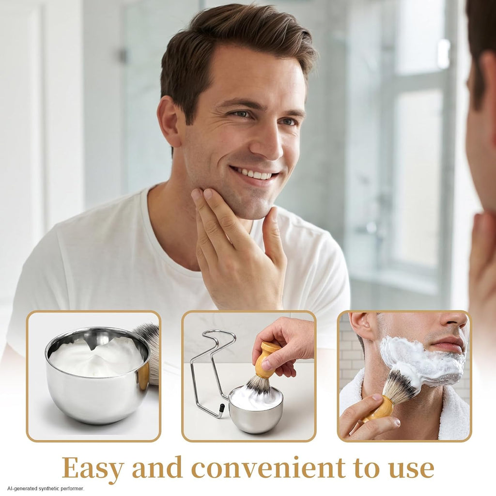 Shave Brush and Bowl, Premium Synthetic Badger Hair Shaving Brush Set with Stainless Steel Shaving Bowl, Exfoliating