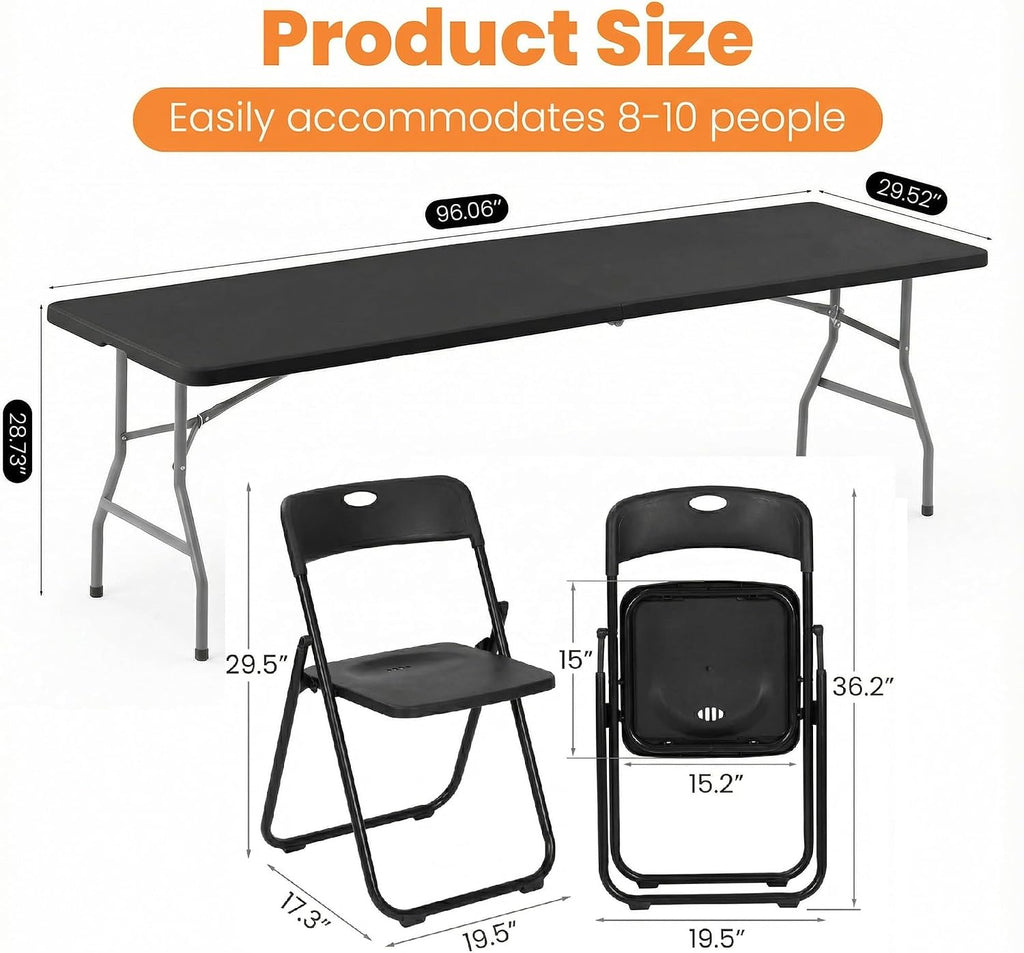 Black 8 FT Foldable Table with 10 Folding Chairs, 9-Piece Plastic Folding Table Chairs Outdoor Patio Furniture Sets
