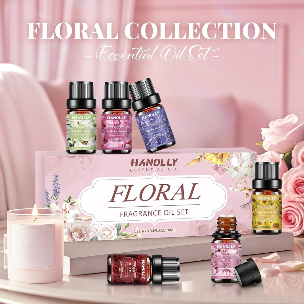 Floral Essential Oils Set - 6 Premium Fragrance Oil for Diffusers, Candle Making, Humidifier - Pink Peony, Wild Rose