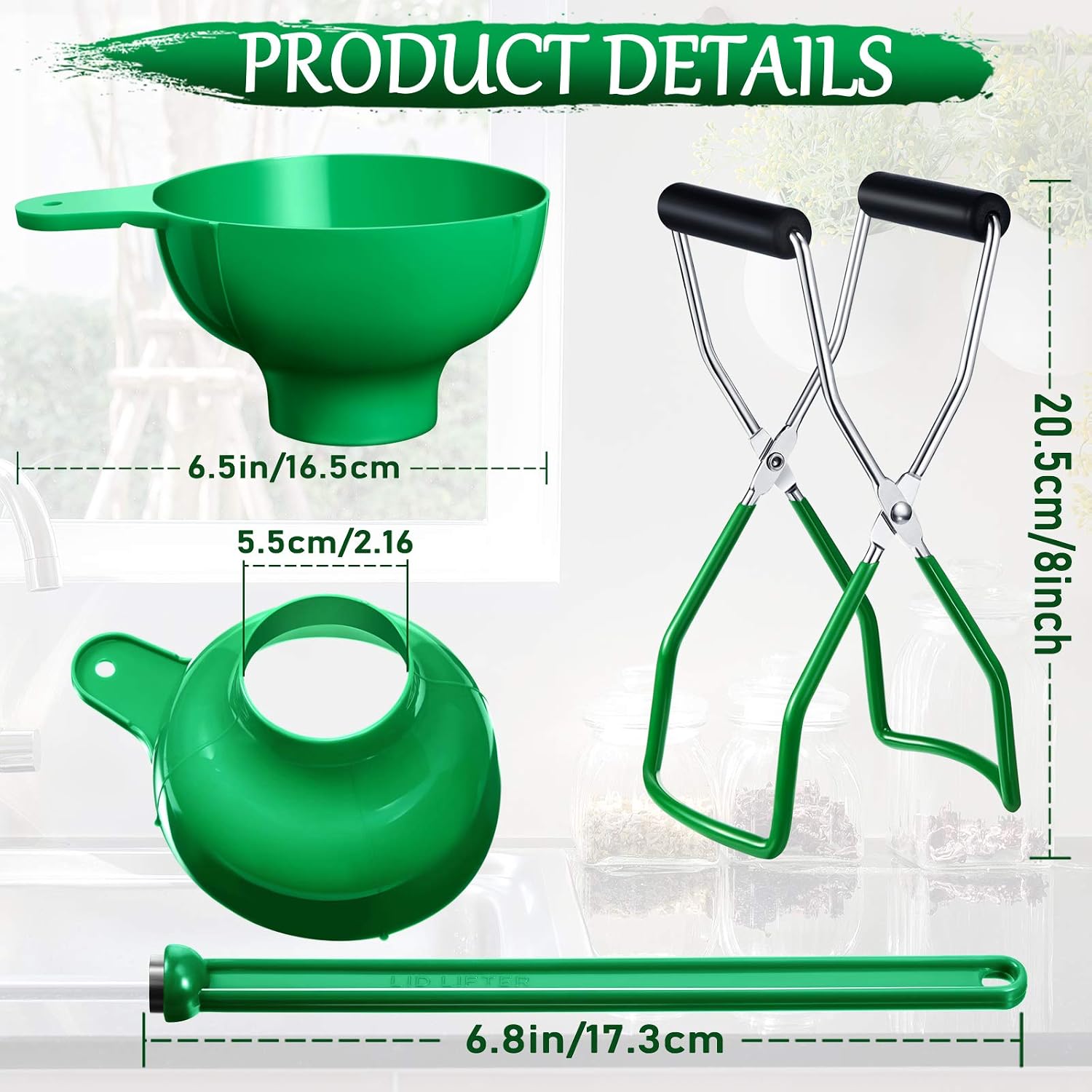 Canning Funnel Jar Lifter Magnetic Lid Wand for Mason Jars, 3 Pcs, Green