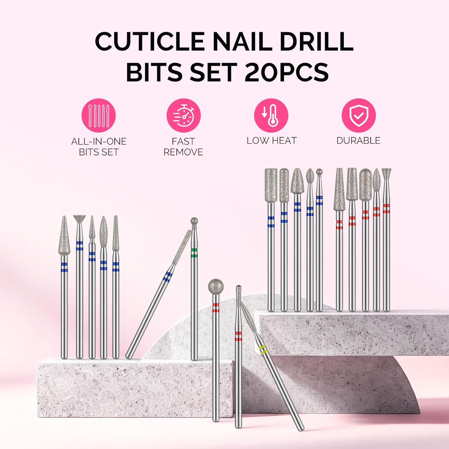 20pcs Nail Drill Bits Diamond Cuticle Set Silver | 3/32''for Nail Drill Efile,Two-Way Rotation,Acrylic Nails Poly Gel