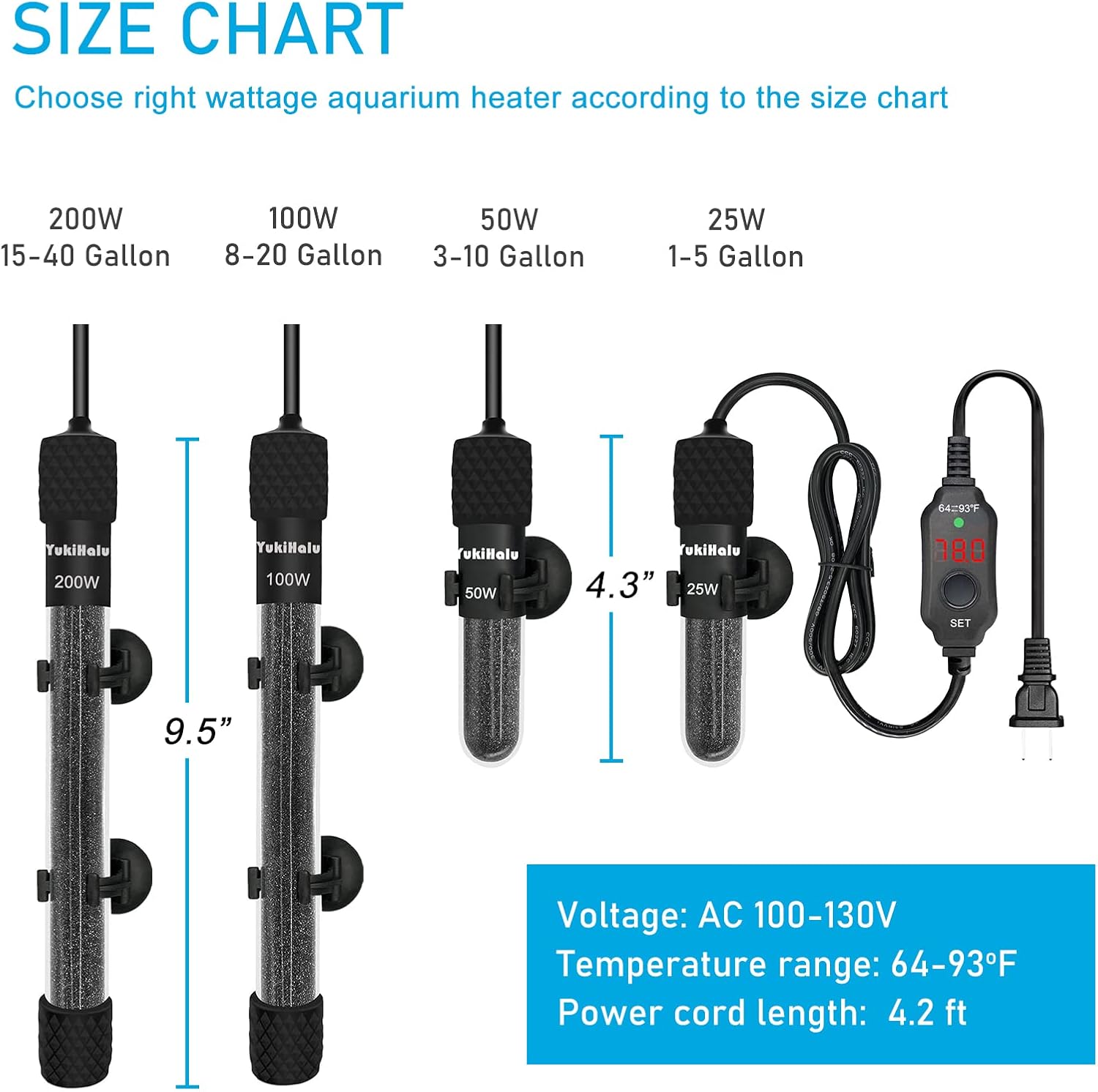 Small Submersible Aquarium Heater, Adjustable Mini Fish Tank Heater 25W 50W 100W 200W 300W with External Temperature