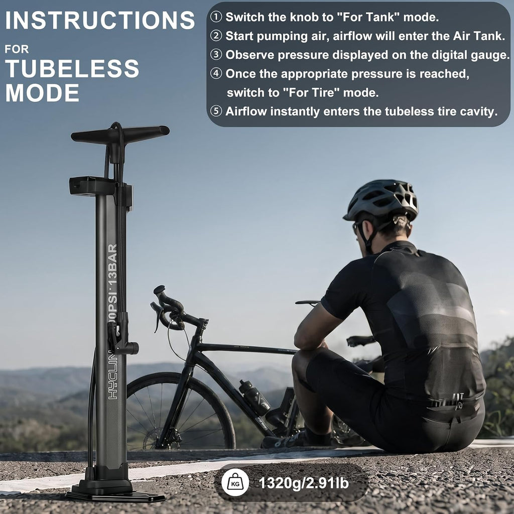 Tubeless Booster Bike Floor Pump: 200 PSI Digital Gauge Air Tank