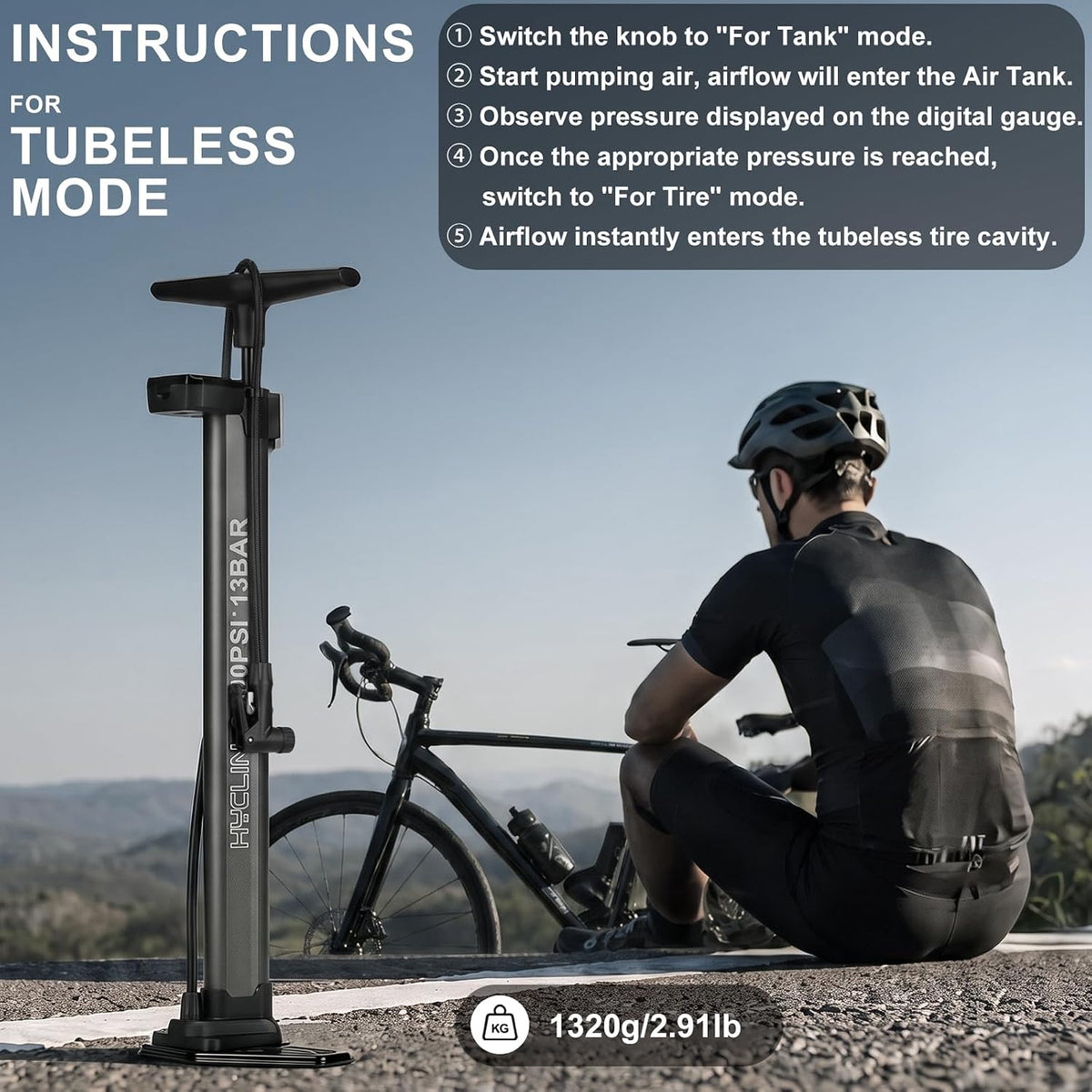 Tubeless Booster Bike Floor Pump: 200 PSI Digital Gauge Air Tank