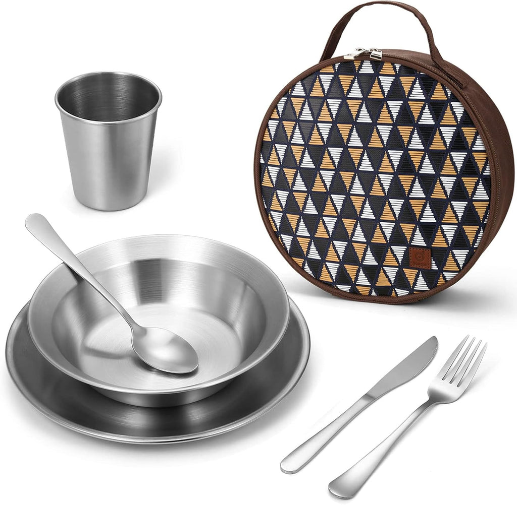 Stainless Steel Camping Mess Kit for Family & Person | Cooking Tableware Utensils with Plates Bowls Forks Spoons