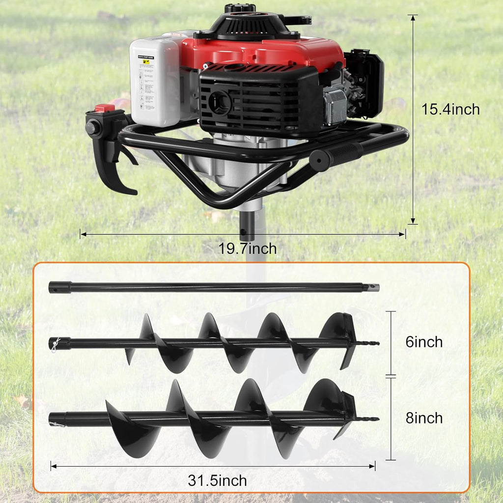 4-Stroke Gas Powered Post Hole Digger, 78CC Earth Auger with 2 Drill Bits | 6" & 8" Drill Bits and Extension Rod, No