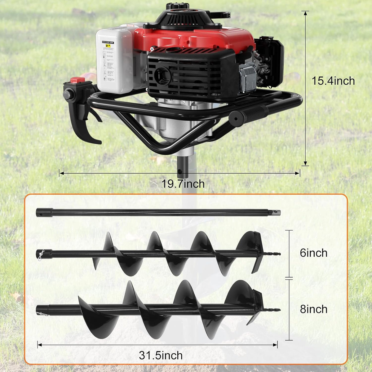 4-Stroke Gas Powered Post Hole Digger, 78CC Earth Auger with 2 Drill Bits | 6" & 8" Drill Bits and Extension Rod, No