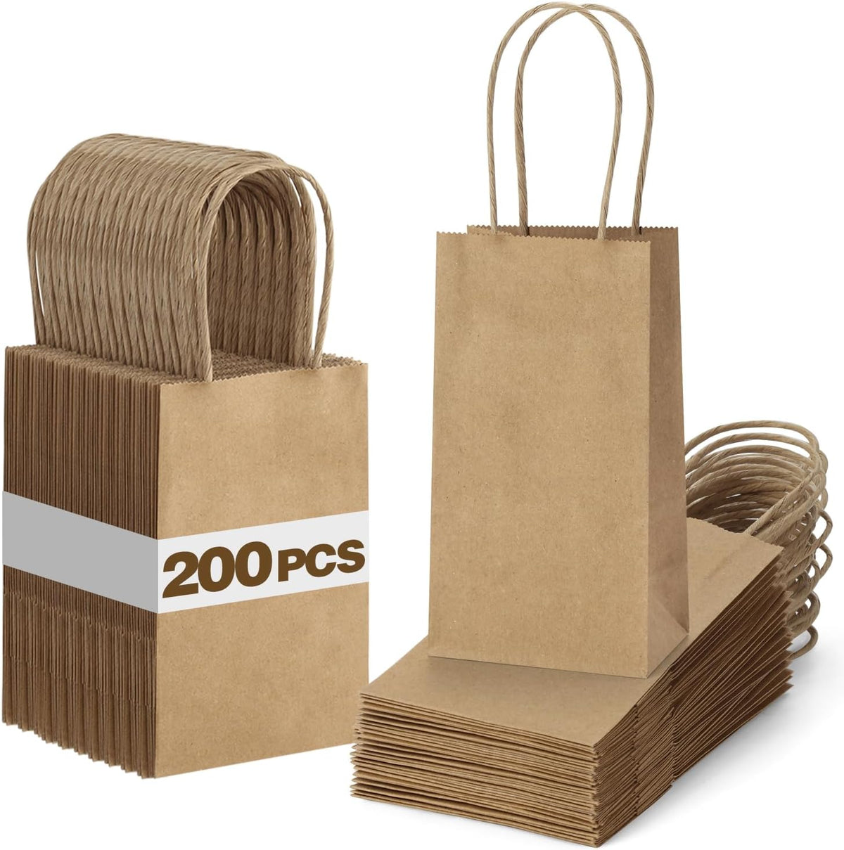 Kraft Brown Gift Bags with Handles Bulk 200 Pack 3.5x2.4x6.7 Inch