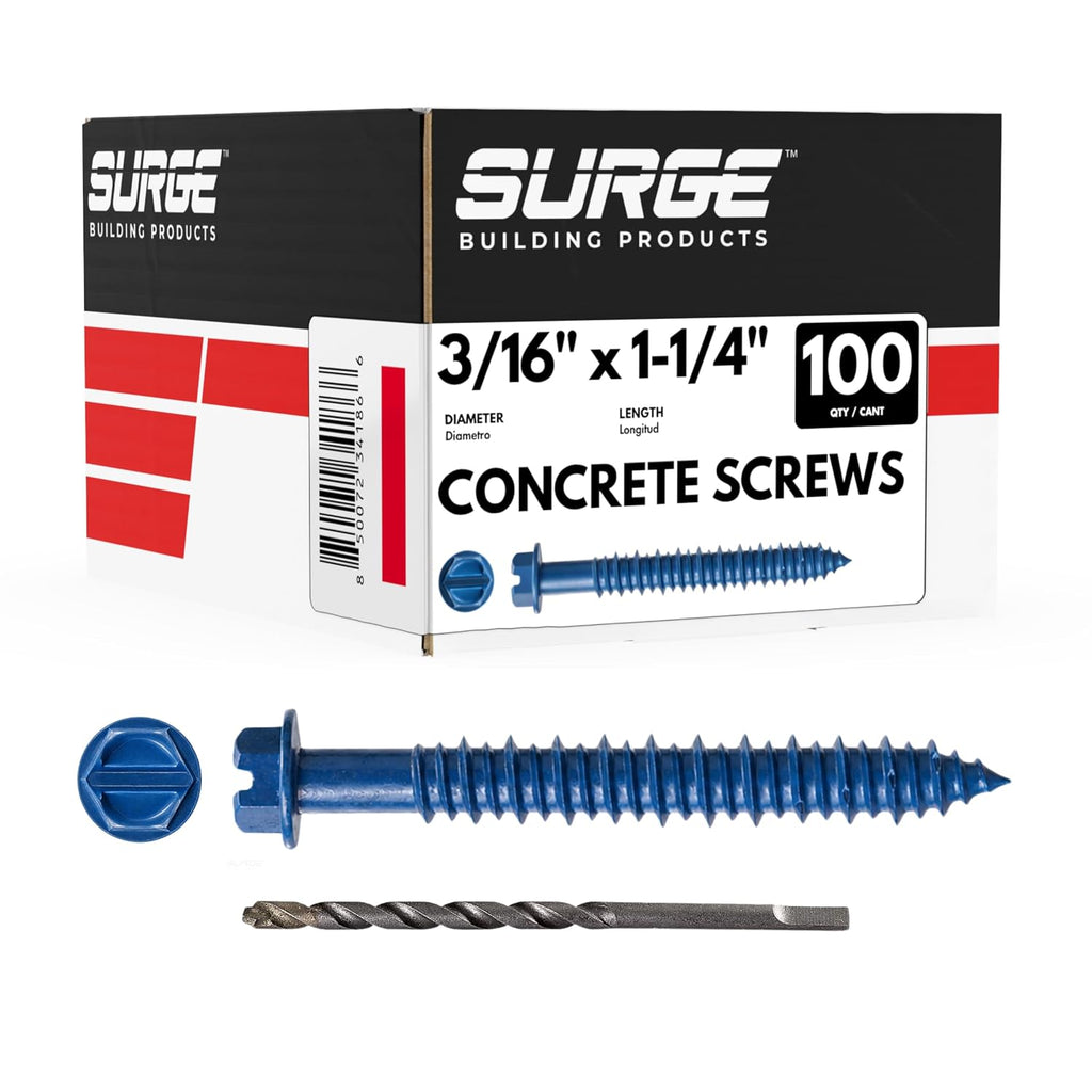 3/16" x 1-1/4" Hex Head Blue Concrete Screws with Drill Bit (Box of 100) | 3/16 Concrete Screws | Hex Masonry Screws
