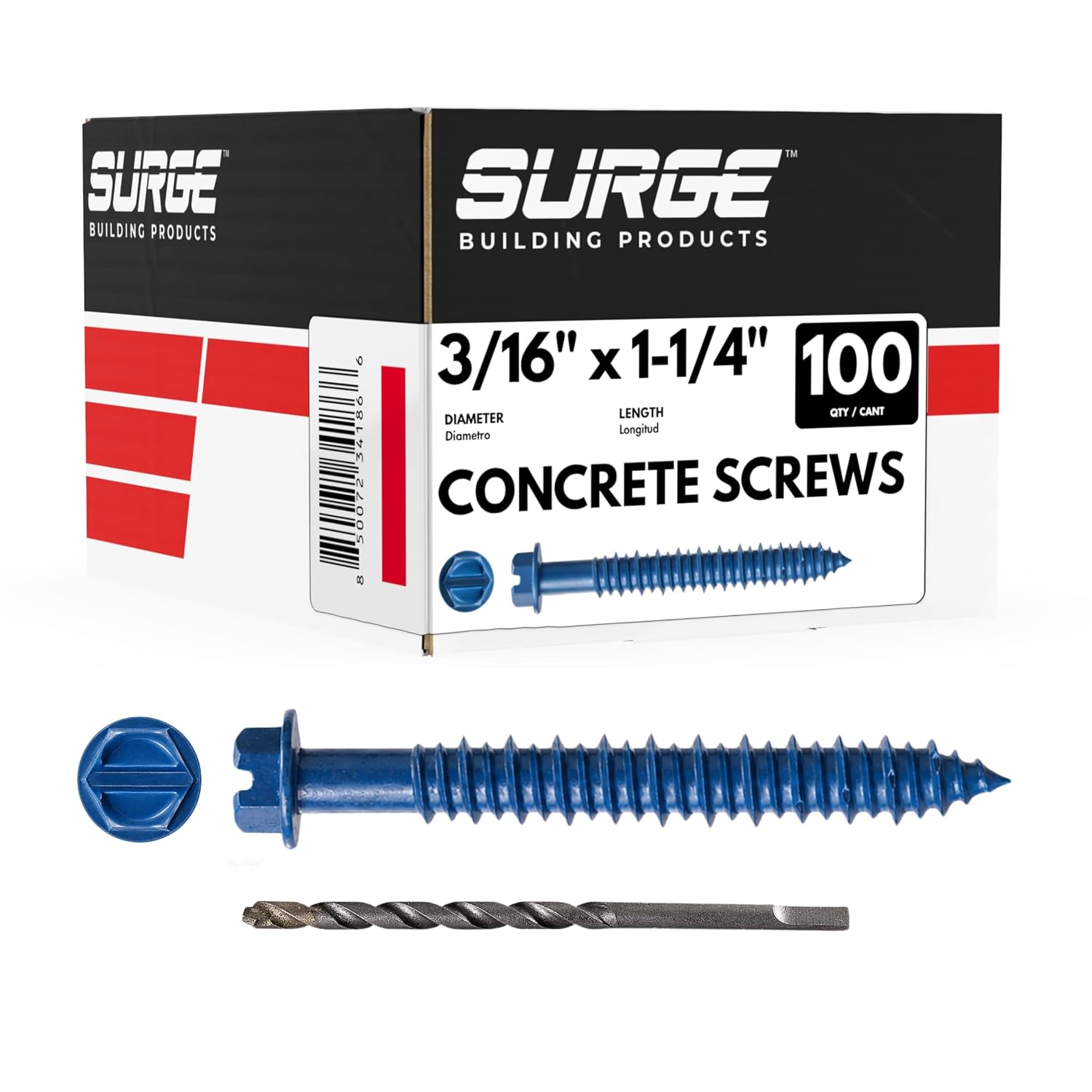 3/16" x 1-1/4" Hex Head Blue Concrete Screws with Drill Bit (Box of 100) | 3/16 Concrete Screws | Hex Masonry Screws