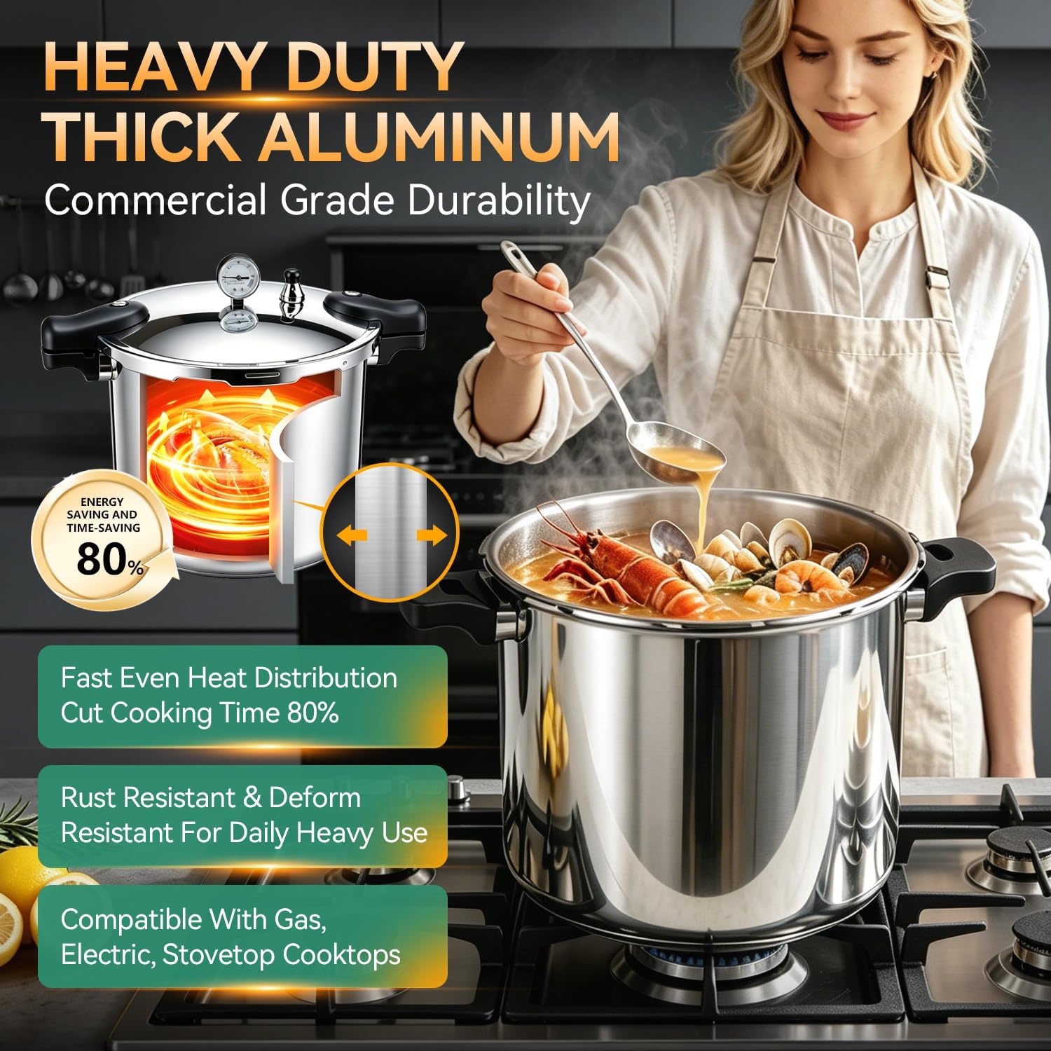 23-24QT Aluminum Pressure Cooker with Pressure Gauge, Heavy-Duty Large Capacity Pressure Canner for Restaurant