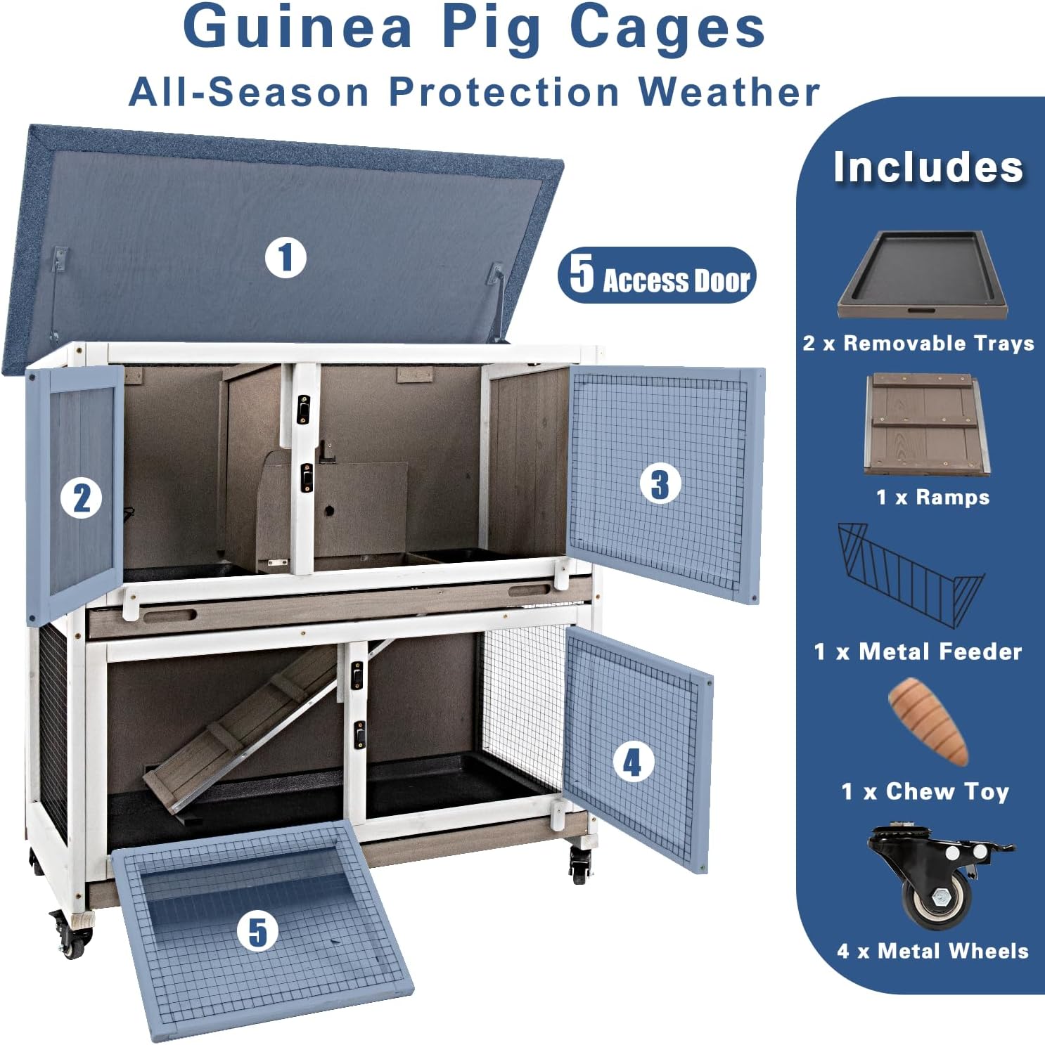 36" L Guinea Pig Cages Wooden, 2 Story Rabbit Cage Indoor | Guinea Pig Habitat, 4 Metal Wheels, 2 Deeper Pull-Out