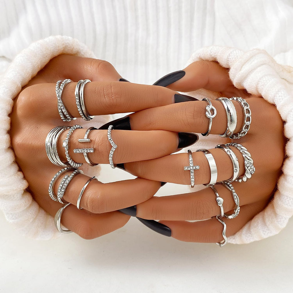 20Pcs Stackable Rings for Women, Gold Black Silver Knuckle Ring Set, Dainty Chunky Statement Rings for Daily Wear
