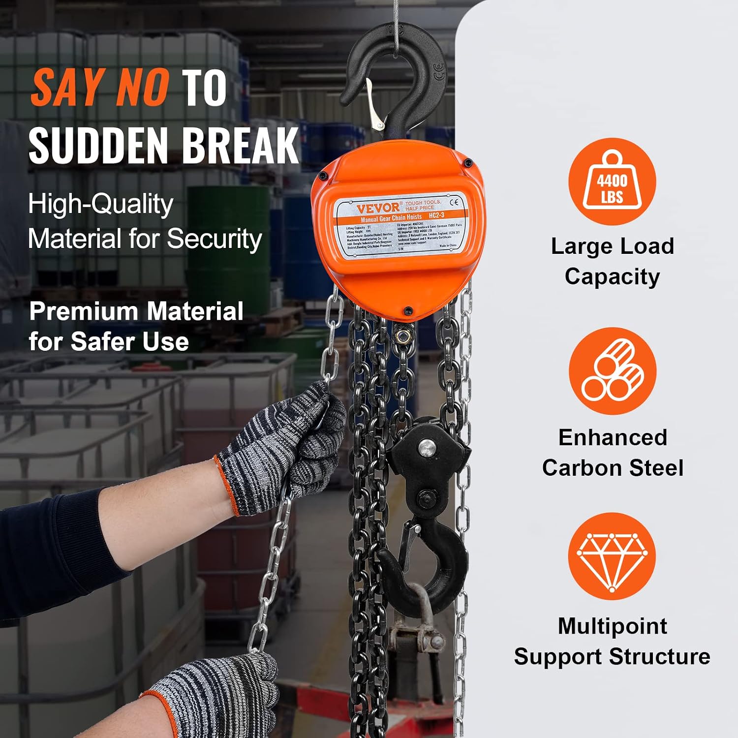 Hand Chain Hoist, 2 Ton 4400 lbs Capacity 10 FT Come Along, G80 Galvanized Carbon Steel with Double-Pawl Brake, Auto