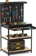 32" Work Bench with Drawer, Pegboard and 19 PCS Hanging Kits, Black | Heavy Duty Garage Work Table, Tool Bench