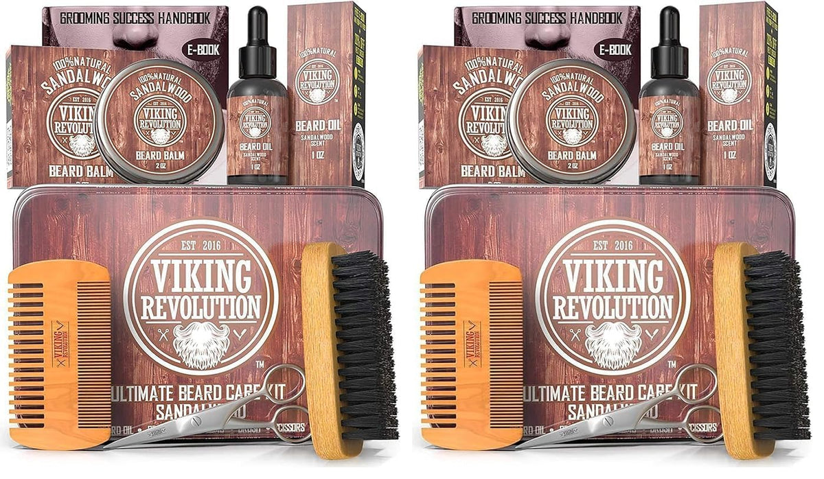 Ultimate Grooming Kit for Men - Boar Brush, Wood Comb, Sandalwood Balm & Oil, Scissors for Beard & Mustache (Pack of 2)