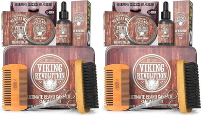 Ultimate Grooming Kit for Men - Boar Brush, Wood Comb, Sandalwood Balm & Oil, Scissors for Beard & Mustache (Pack of 2)