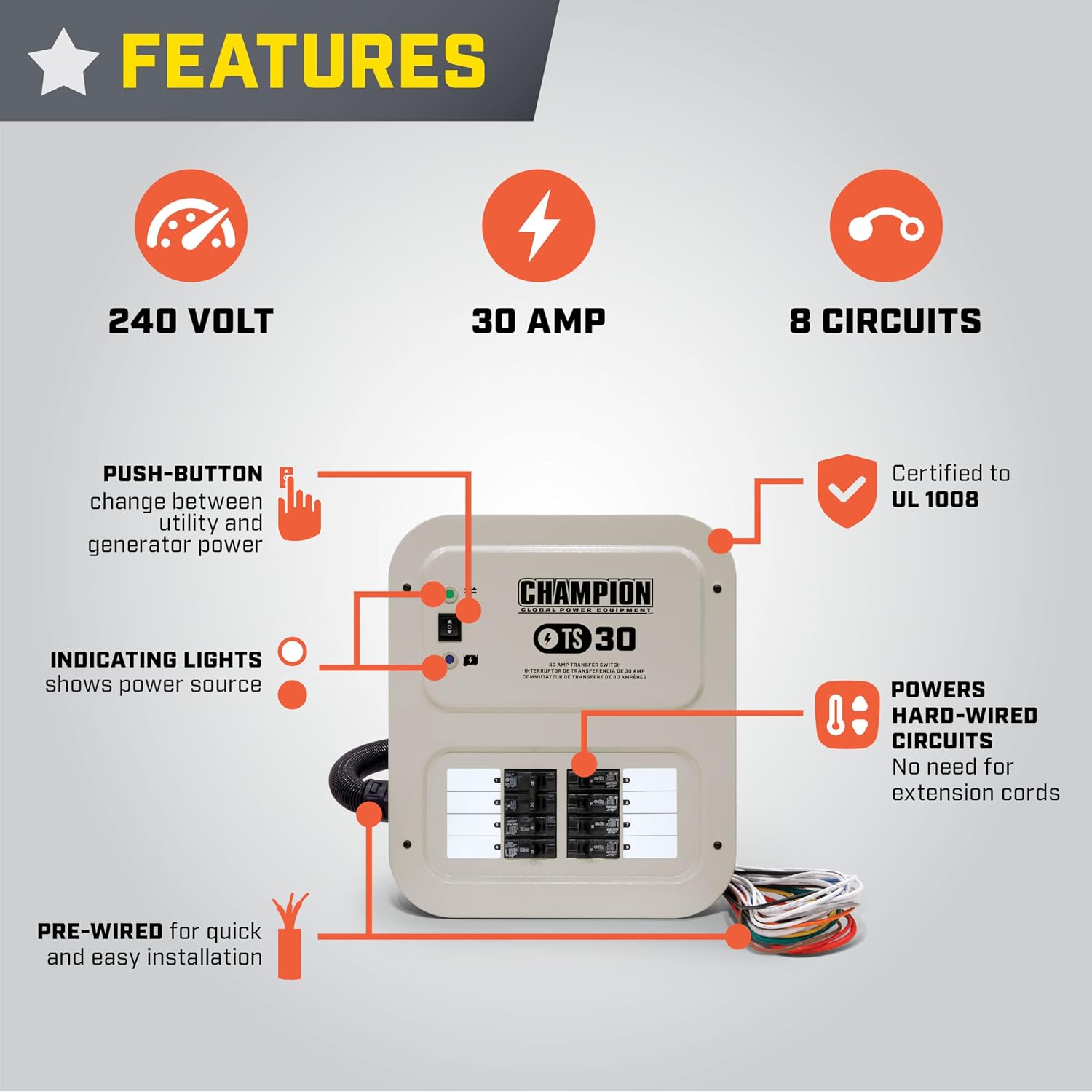 30-Amp Indoor-Rated Manual Transfer Switch with 25-Foot Generator Power Cord and Weather-Resistant Power Inlet Box