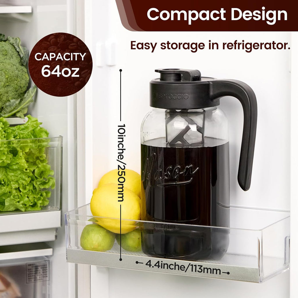 Cold Brew Coffee Maker Glass, 64 oz Mason Jar Pitcher | Airtight, Leakproof, Fridge Safe, Dishwasher Safety